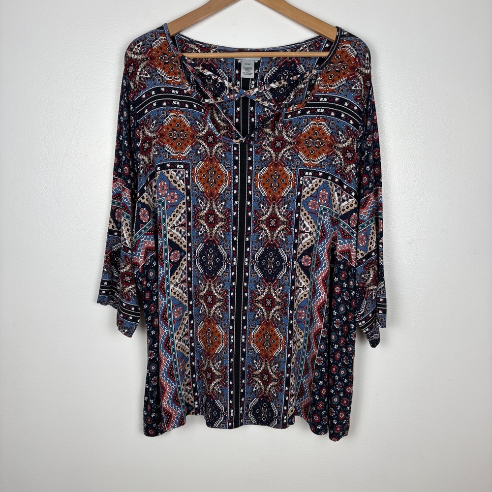 Catherines Geometric 3/4 Sleeve Tunic Top Size 2XWP Blue Stretch‎ Slinky Boho